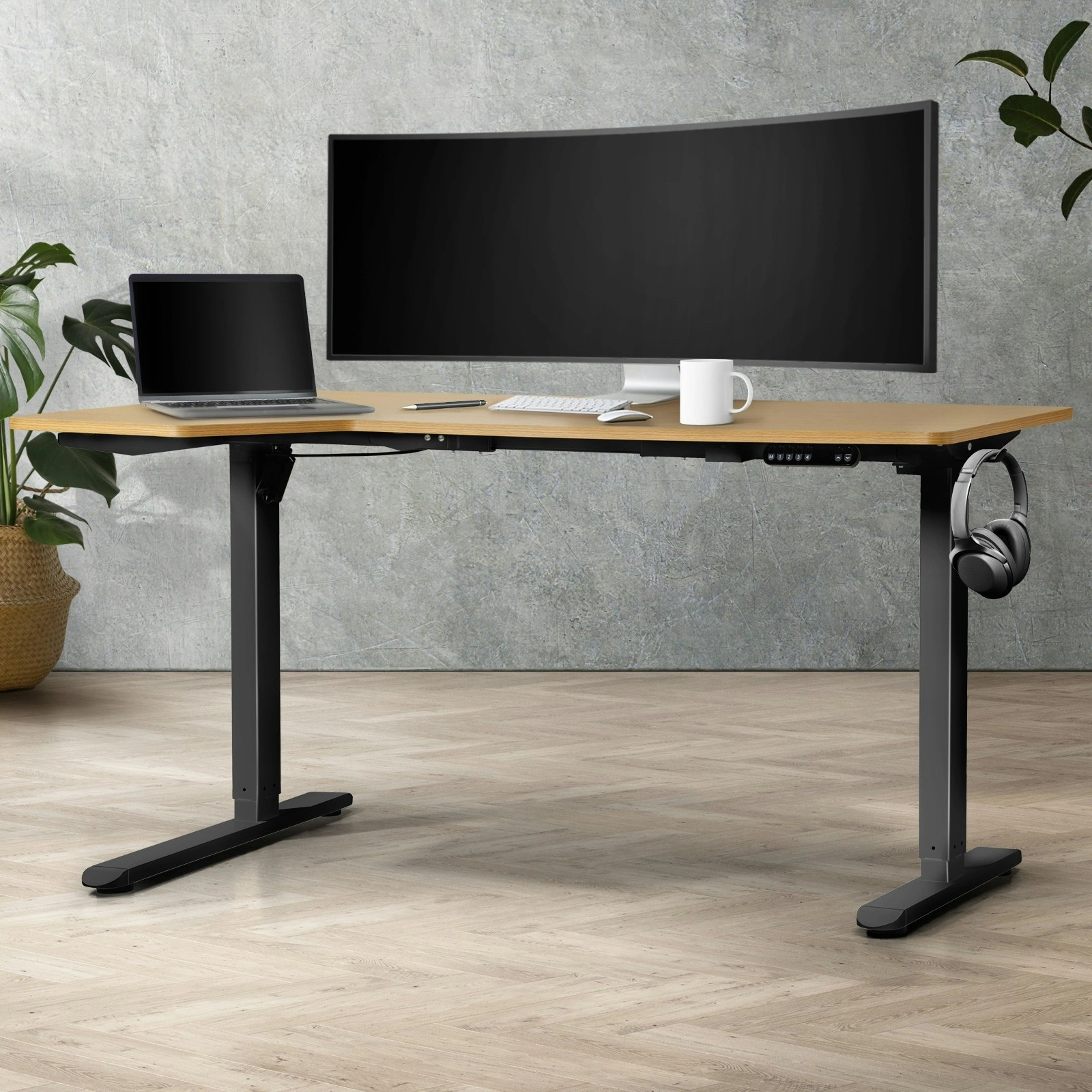 Oikiture L-shape Electric Standing Desk Single Motor Black Frame 145CM OAK Desktop