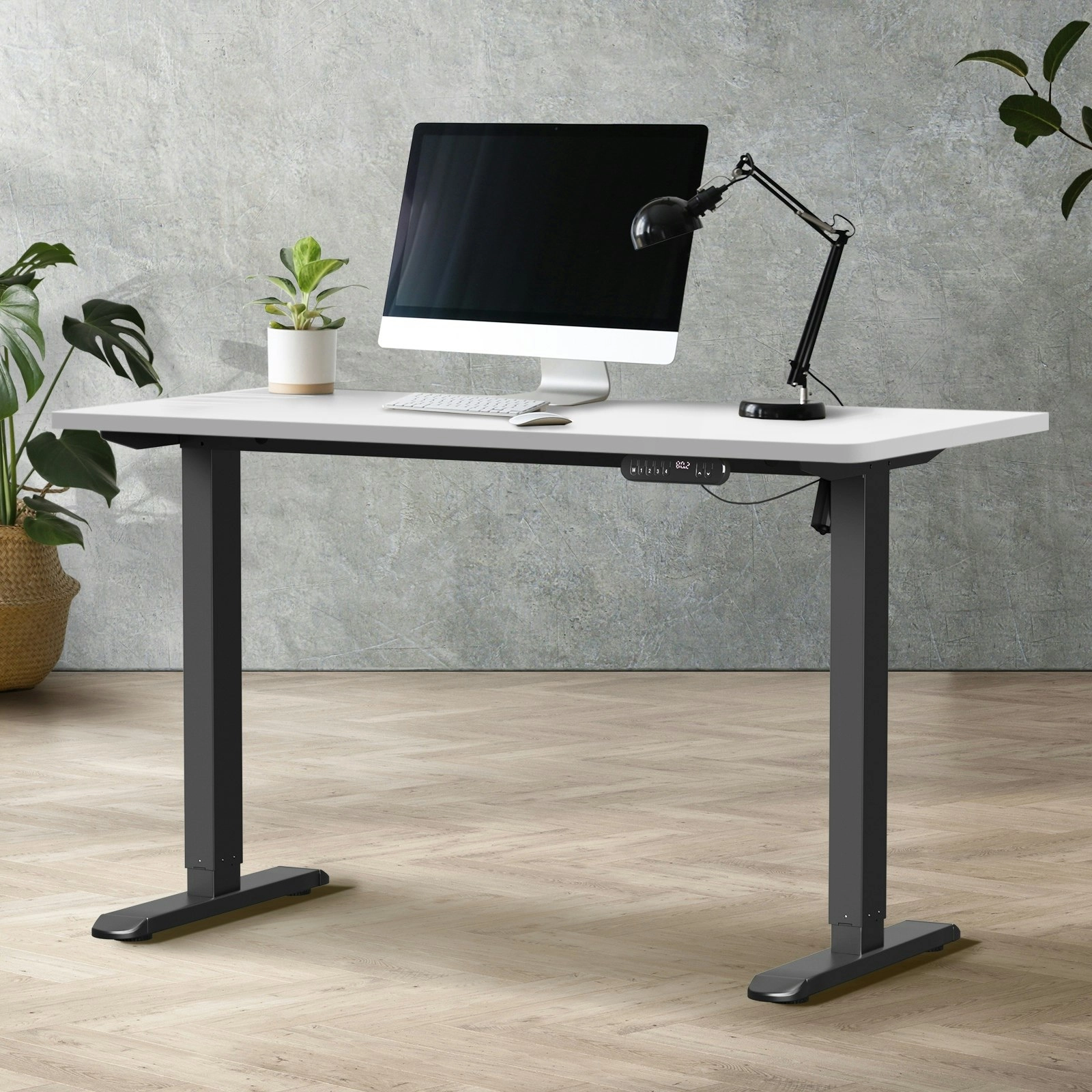 Oikiture Electric Standing Desk Single Motor Black Frame 140CM White Tabletop