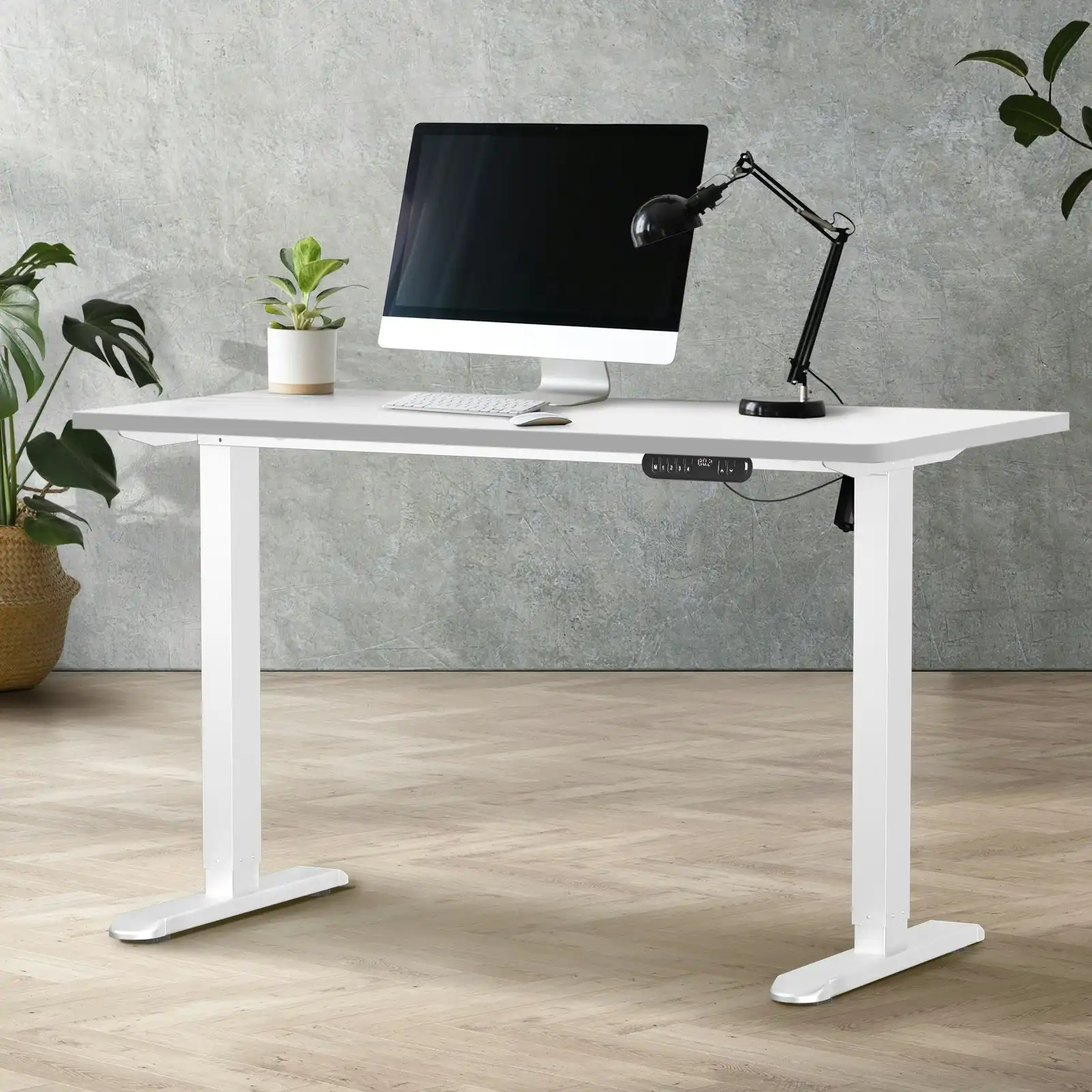Oikiture Electric Standing Desk Single Motor White Frame 140CM White Tabletop