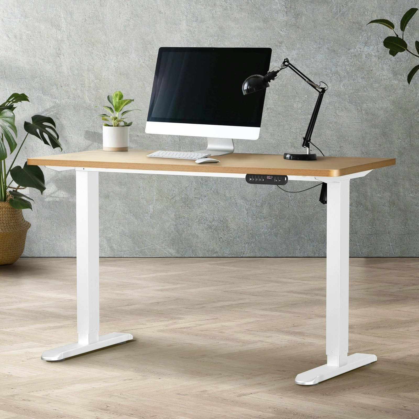 Oikiture Electric Standing Desk Single Motor White Frame 140CM OAK Tabletop