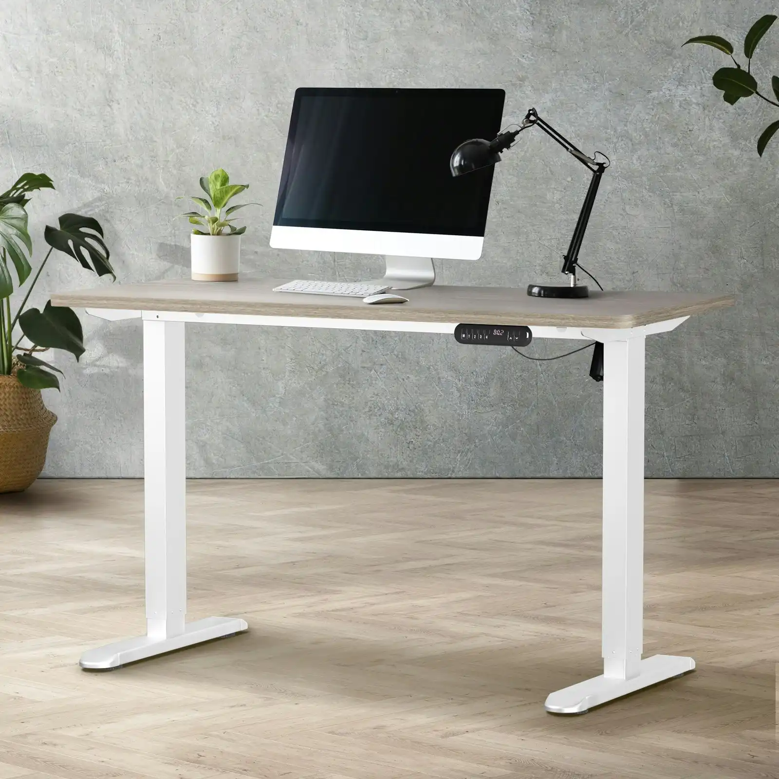 Oikiture Electric Standing Desk Single Motor White Frame 140CM Grey-Oak Tabletop