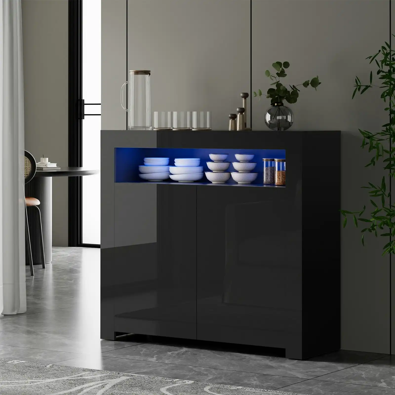 Oikiture Buffet Sideboard Storage Cabinet LED RGB High Gloss 2 Doors Black