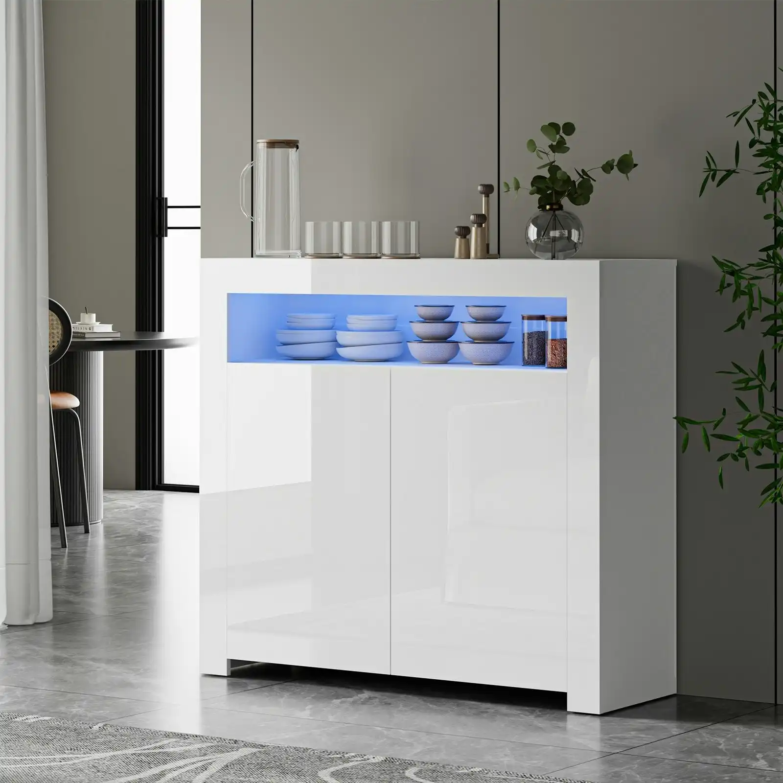 Oikiture Buffet Sideboard Storage Cabinet LED RGB High Gloss 2 Doors White