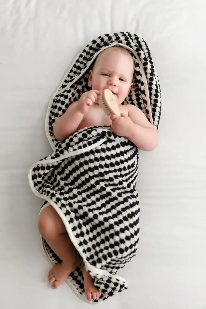 Miss April | Pompom Turkish Cotton Hooded Baby Towel - Black & White