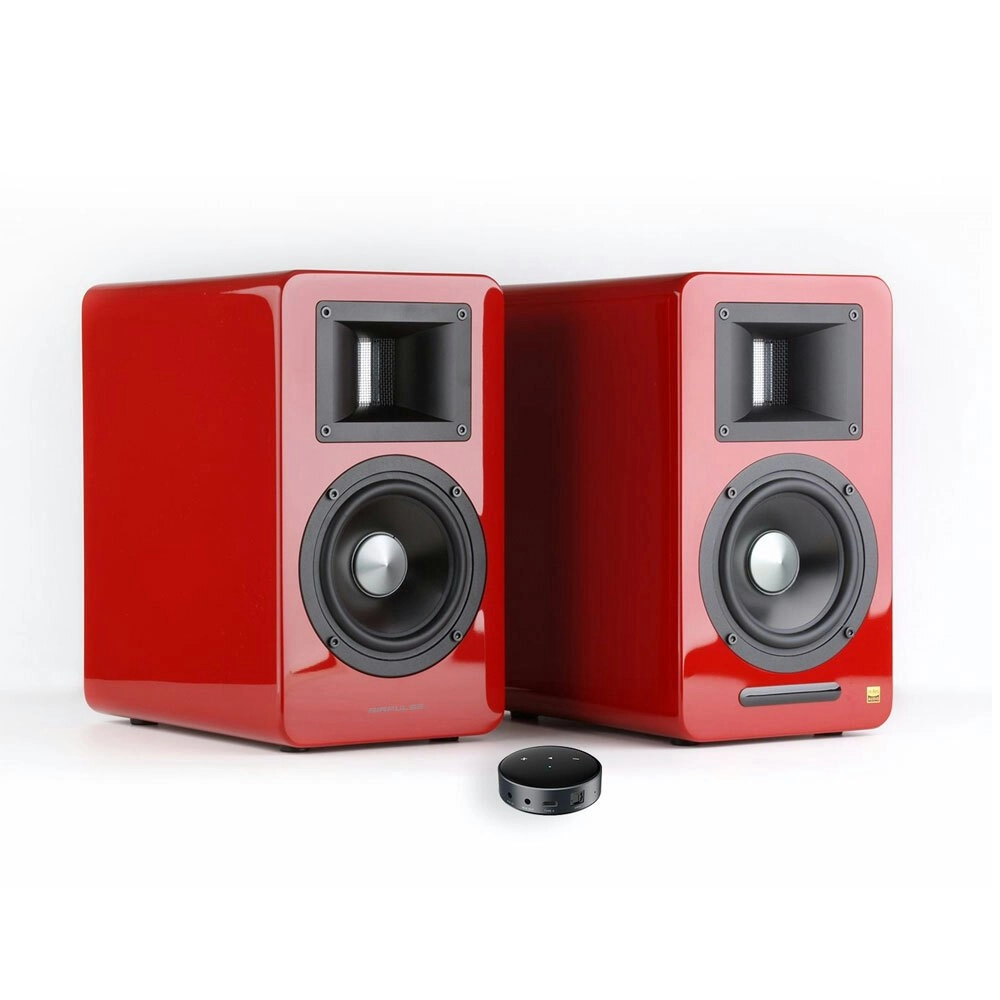 Airpulse A100 Active Wireless Bookshelf Speakers and WiiM Mini Streamer Red