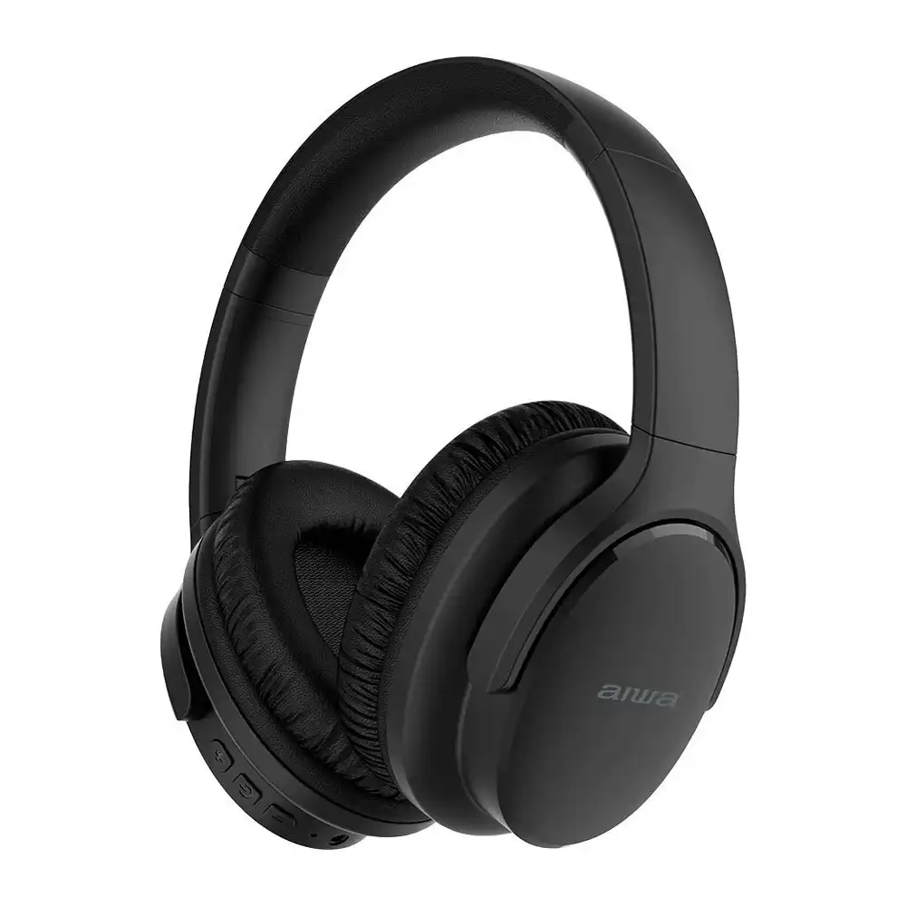 AIWA Over-Ear Bluetooth Headphones w/AUX Cable & Airplane Adaptor - Black