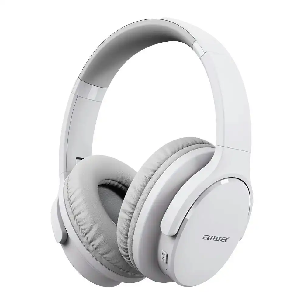 AIWA Over-Ear Bluetooth Headphones w/AUX Cable & Airplane Adaptor - White