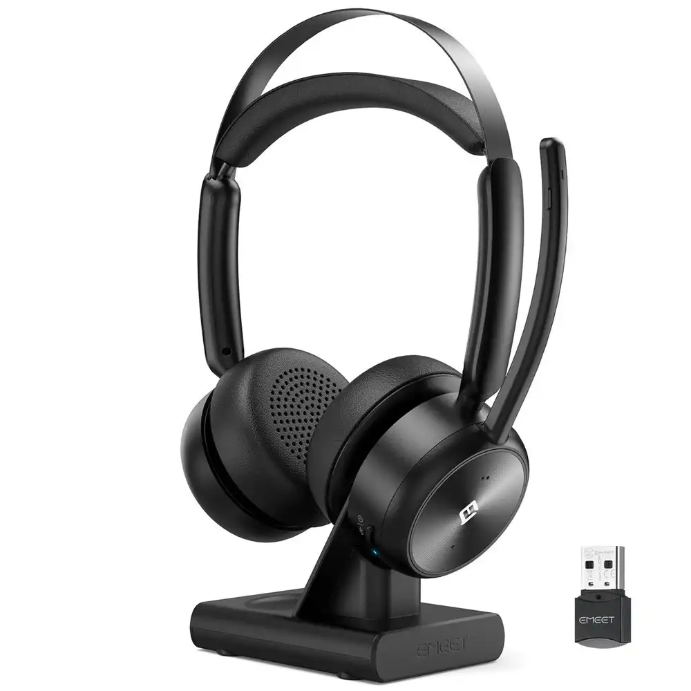 Emeet GeniusCall HS80 Wireless On-Ear Bluetooth Headset w/ Charging Base Black