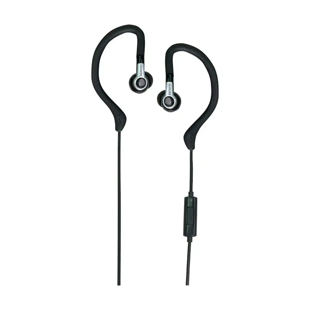 AIWA In-Ear Hook Gel Sports 1.2m Wired Earbud Headphones w/Microphone - Black
