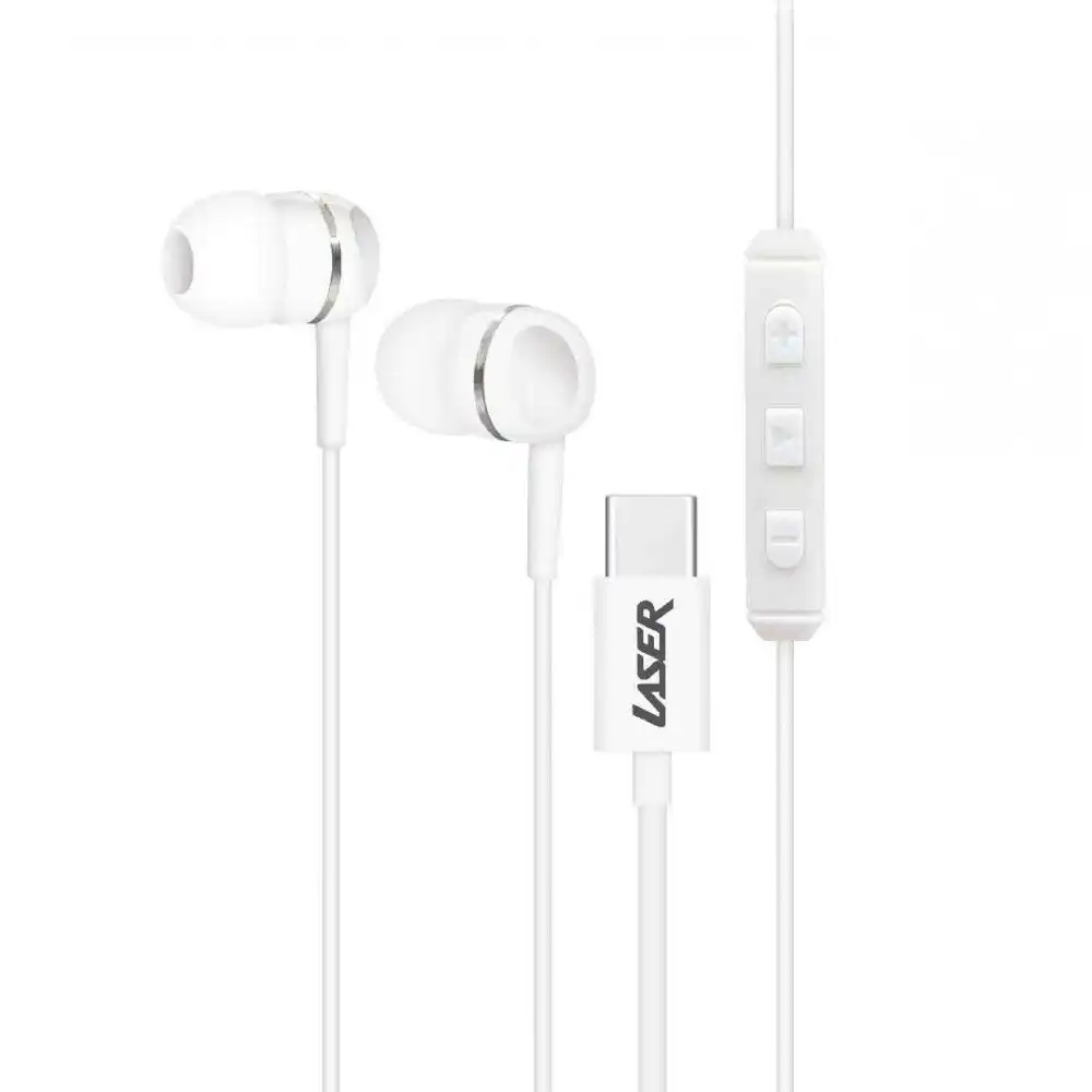Laser USB-C Silicone Tip Earphones 1.2m w/ Microphone For iPhone/Samsung White