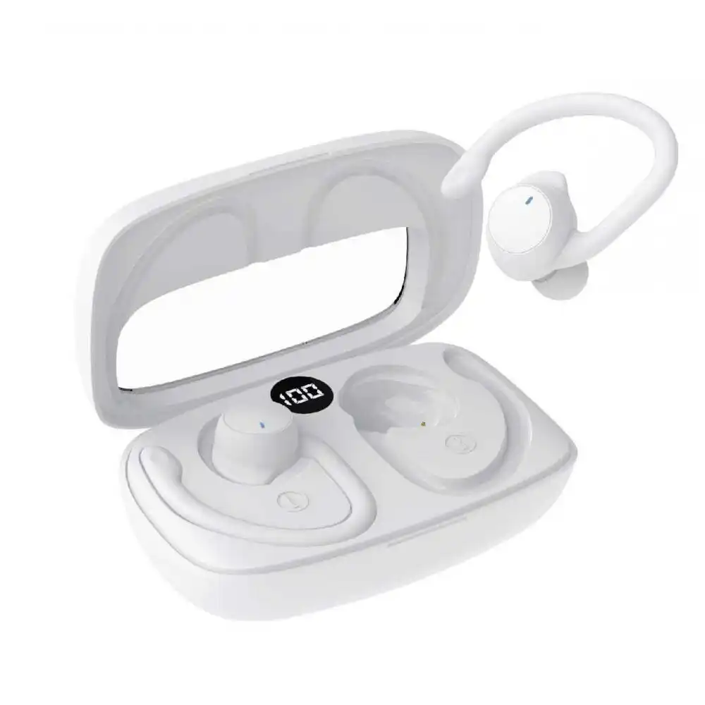 Laser Sport TWS LED Wireless Bluetooth Ear Hook Earbuds w/ Charging Case White