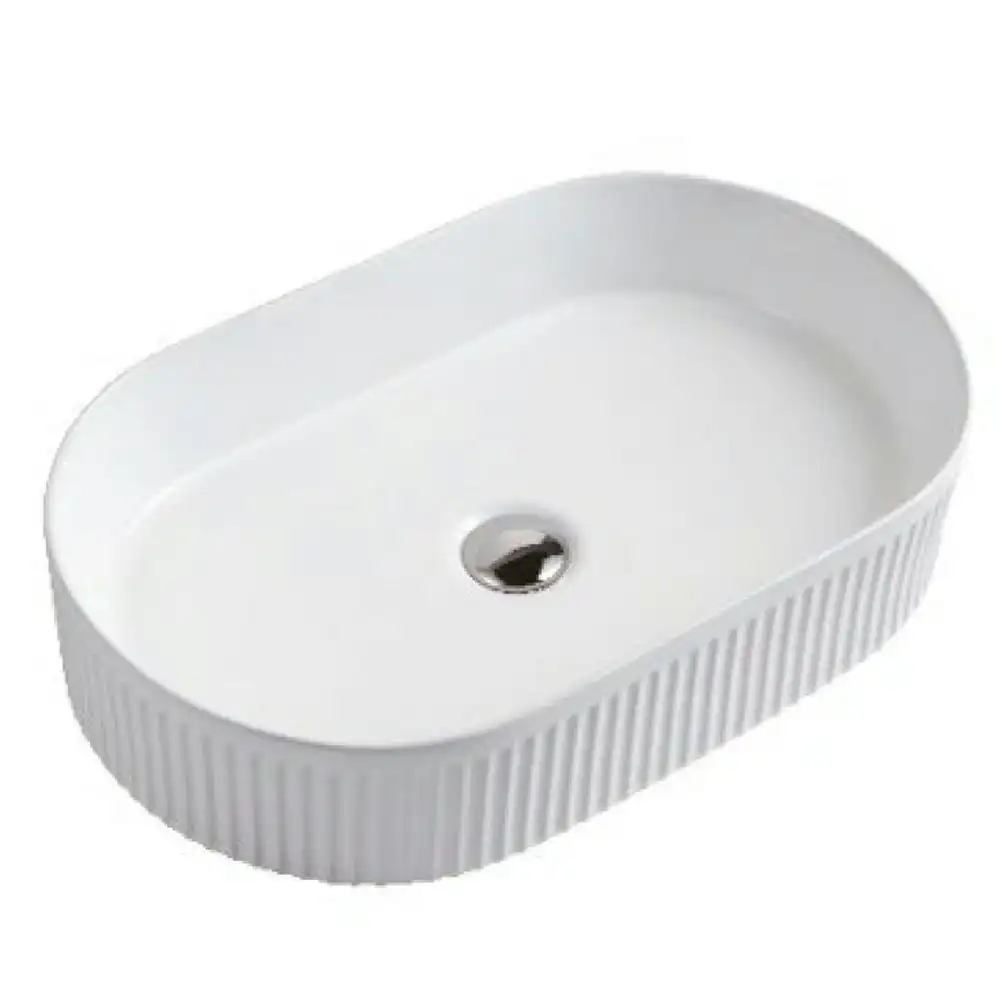 Haven Home Oval Vitreous China Fluted Bathroom Sit-On Basin Gloss White Finish