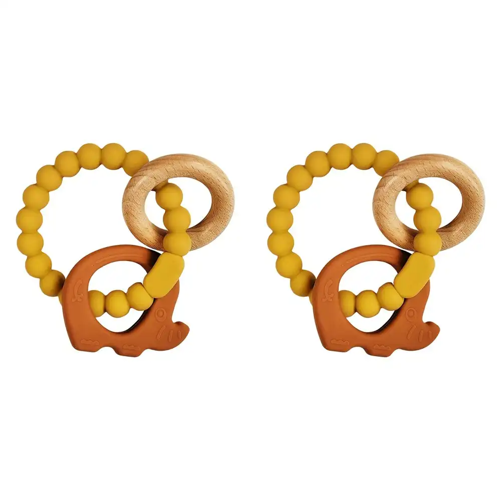 2x Urban Elephant 14cm Silicone Teether Ring Baby/Infant Toy Mustard & Natural