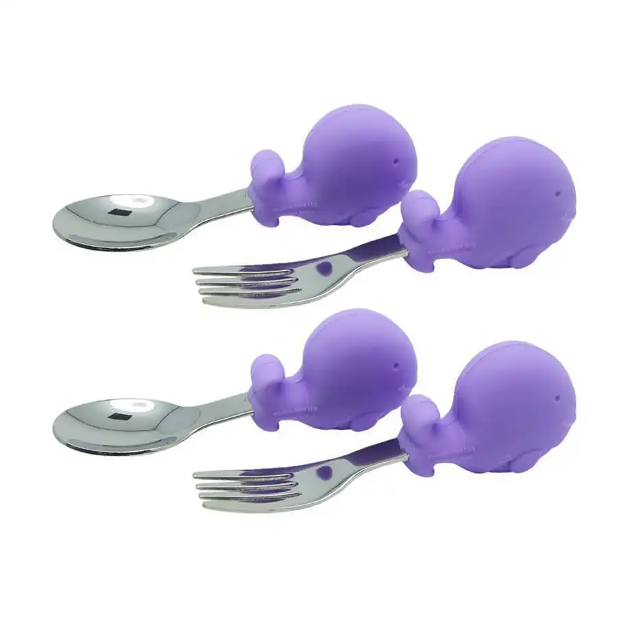 2x 2pc Marcus & Marcus Willo Whale Palm Grasp Cutlery Spoon/Fork Baby 18m+ Lilac