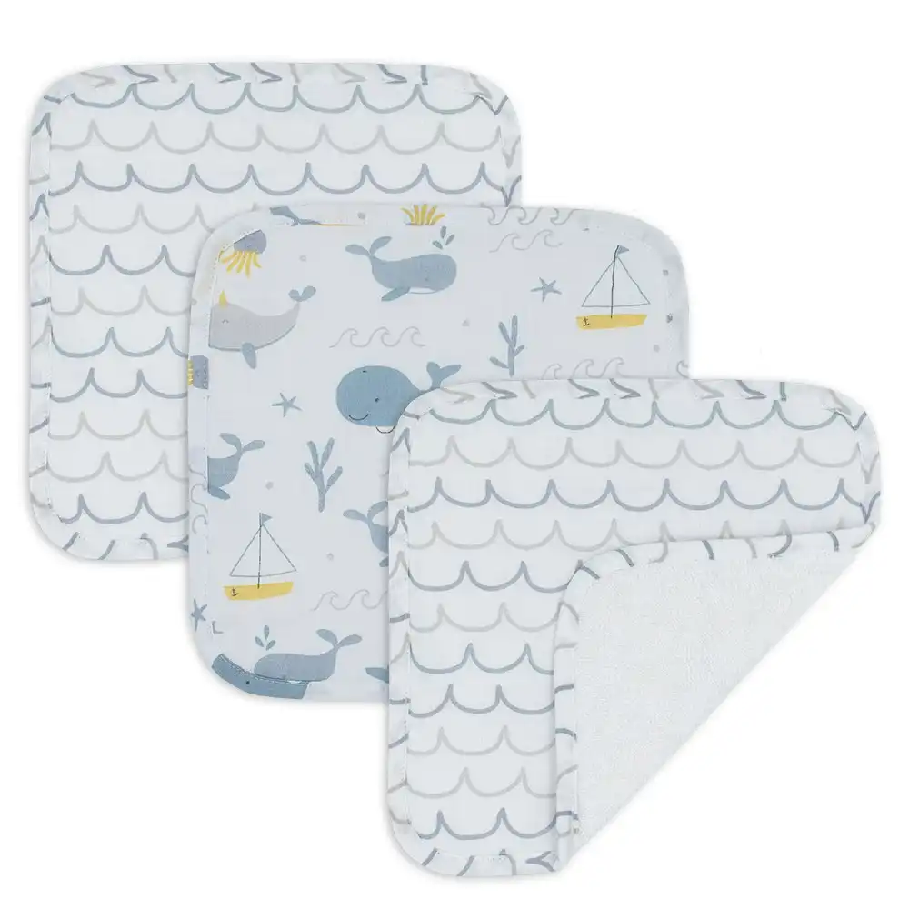 3pc Living Textiles Cotton Muslin Baby/Infant Bathroom Wash Cloths Whale Themed