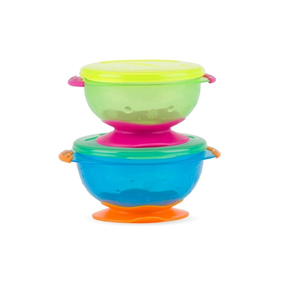 2pc Nuby Stackable Suction Base Food Eating Bowls w/ Lids 6m+ Assorted