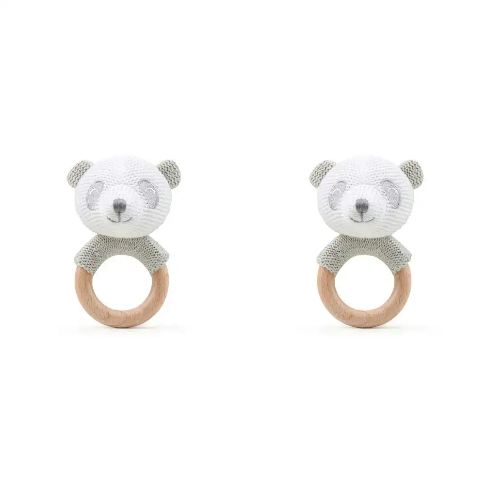 2x The Peanutshell Panda Wood Ring Teether 13cm Baby Teething Animal Toy Grey 0+