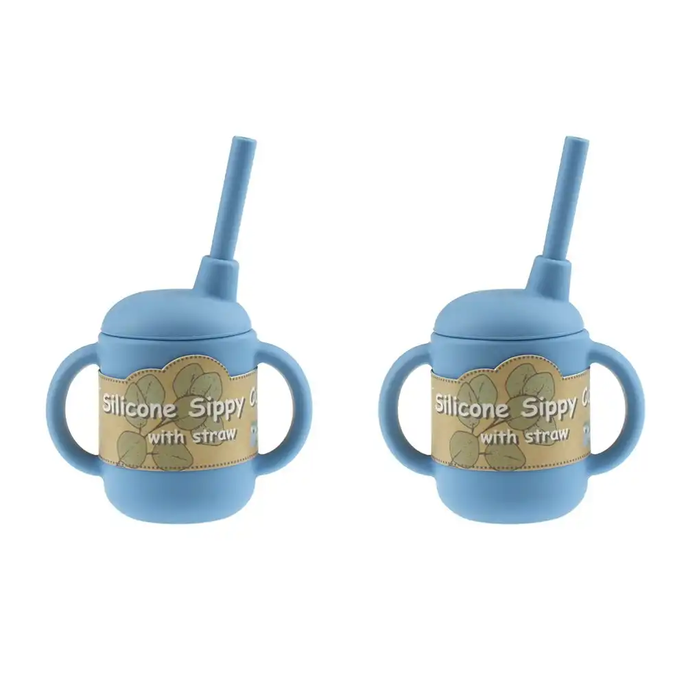 2x Koala Dream Silicone Baby/Toddler Sippy Cup/Mug w/ Straw And Handles Blue 0m+