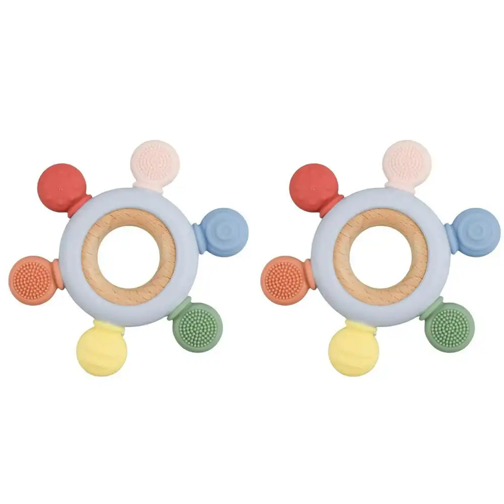 2x Koala Dream Kids/Childrens Silicone And Wooden Mouth Teether Ring Blue 4M+