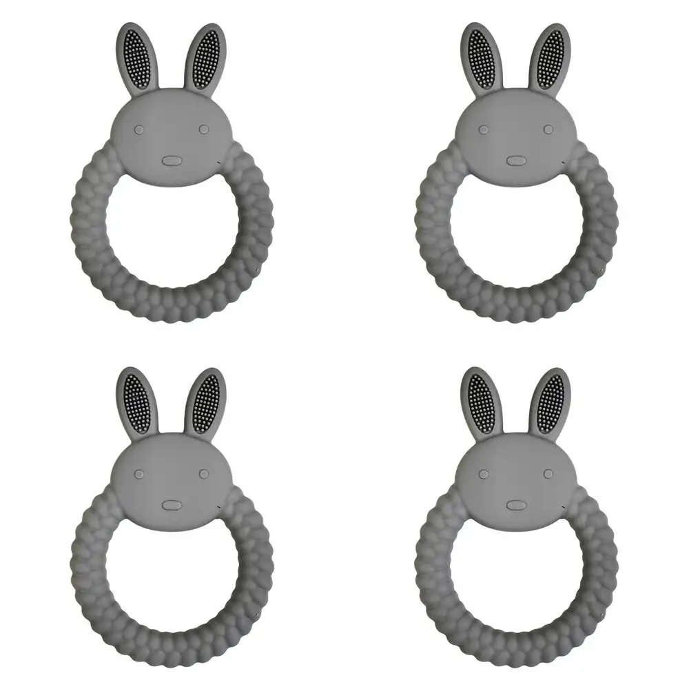 4x Urban Bunny 11cm Silicone Teether Ring Baby Teething Chew Toy Round Blue