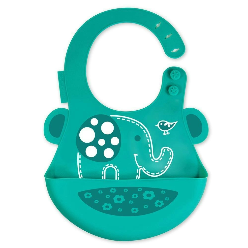 Marcus & Marcus Baby Bib Ollie Elephant Soft Silicone w/ Crumb Catcher 6m+ Green