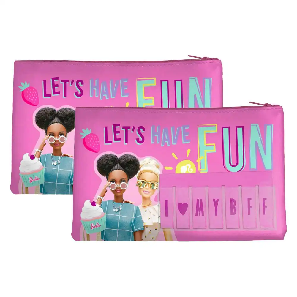 2PK Barbie Retro Lets Have Fun! Named Zip School Pencil/Stationery Case Pink