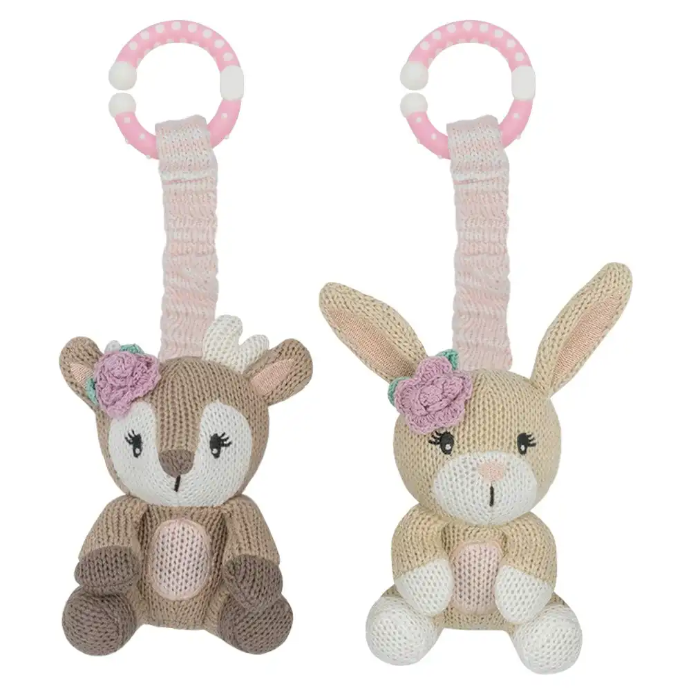 2pc Living Textiles Baby/Newborn Cotton Knitted Stroller Toys Fawn & Bunny