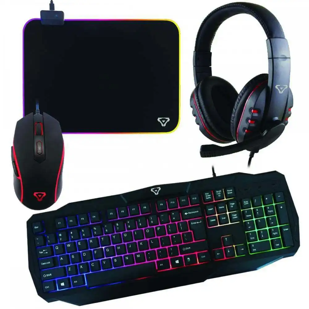 4pc Laser Gaming Combo RGB Wired PC Keyboard Mouse Headset & Mousepad Black