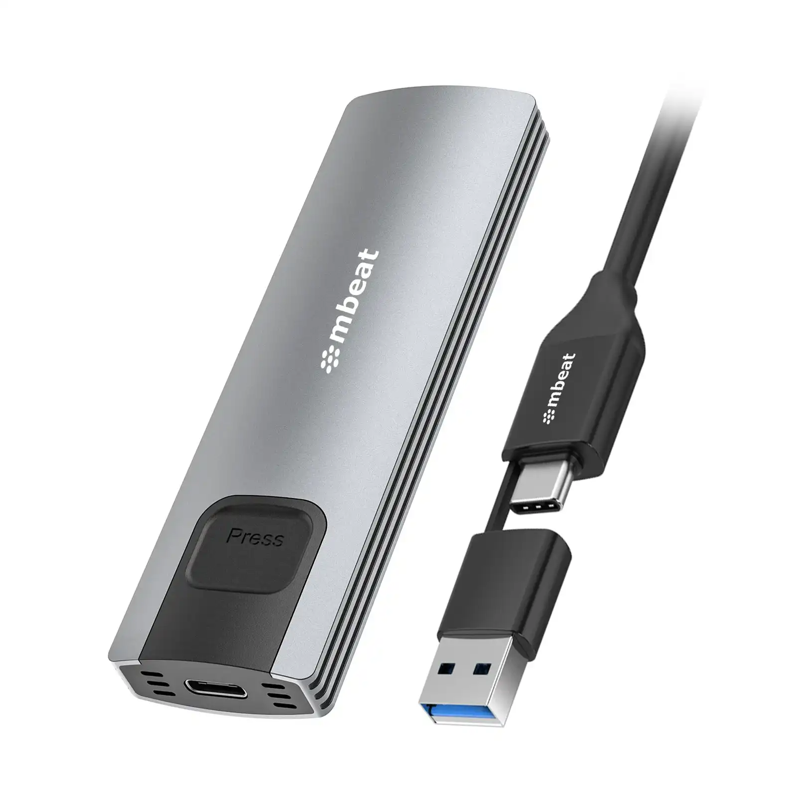 mBeat 10Gbps M.2 NVMe SATA SSD External Travel Enclosure/Adapter USB A & C Grey