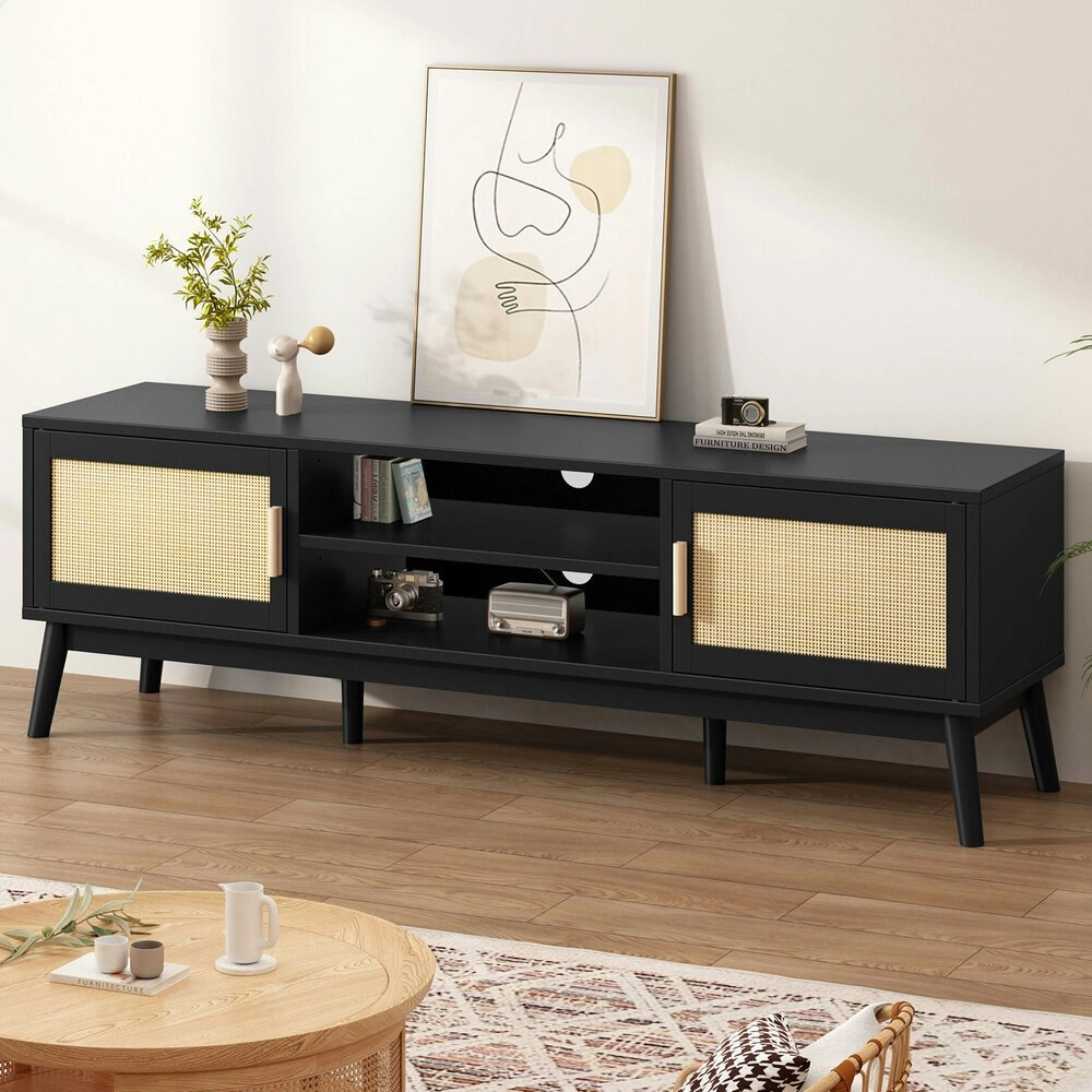 Alfordson Entertainment Unit Rattan Black 160cm