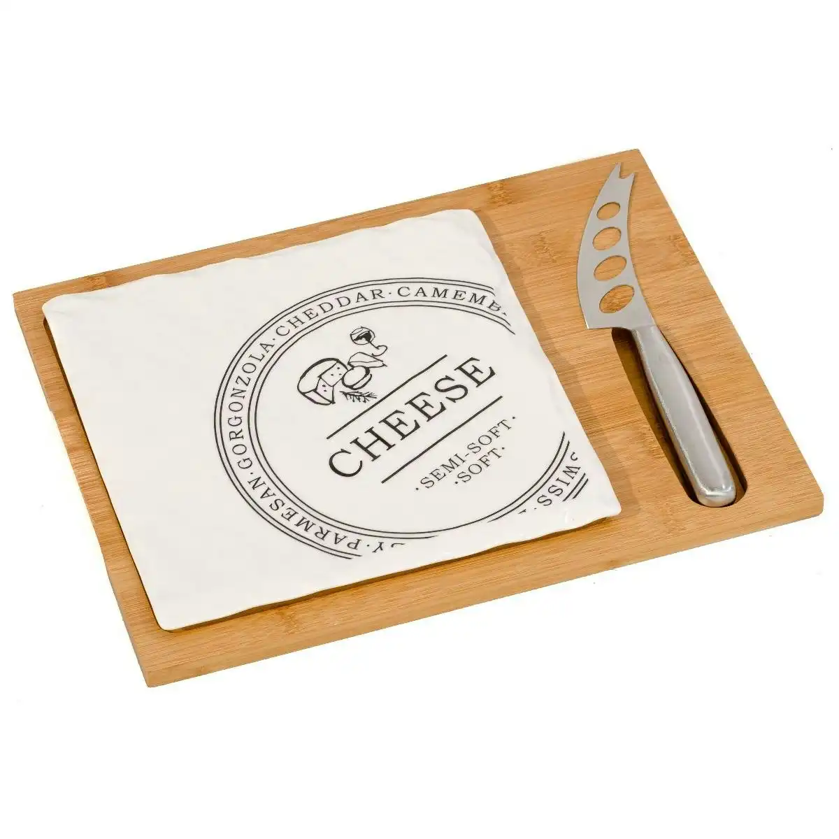 Casa Gift Boxed - Rectangular Porcelain Cheese Board on Bamboo Base with 1 Knife
