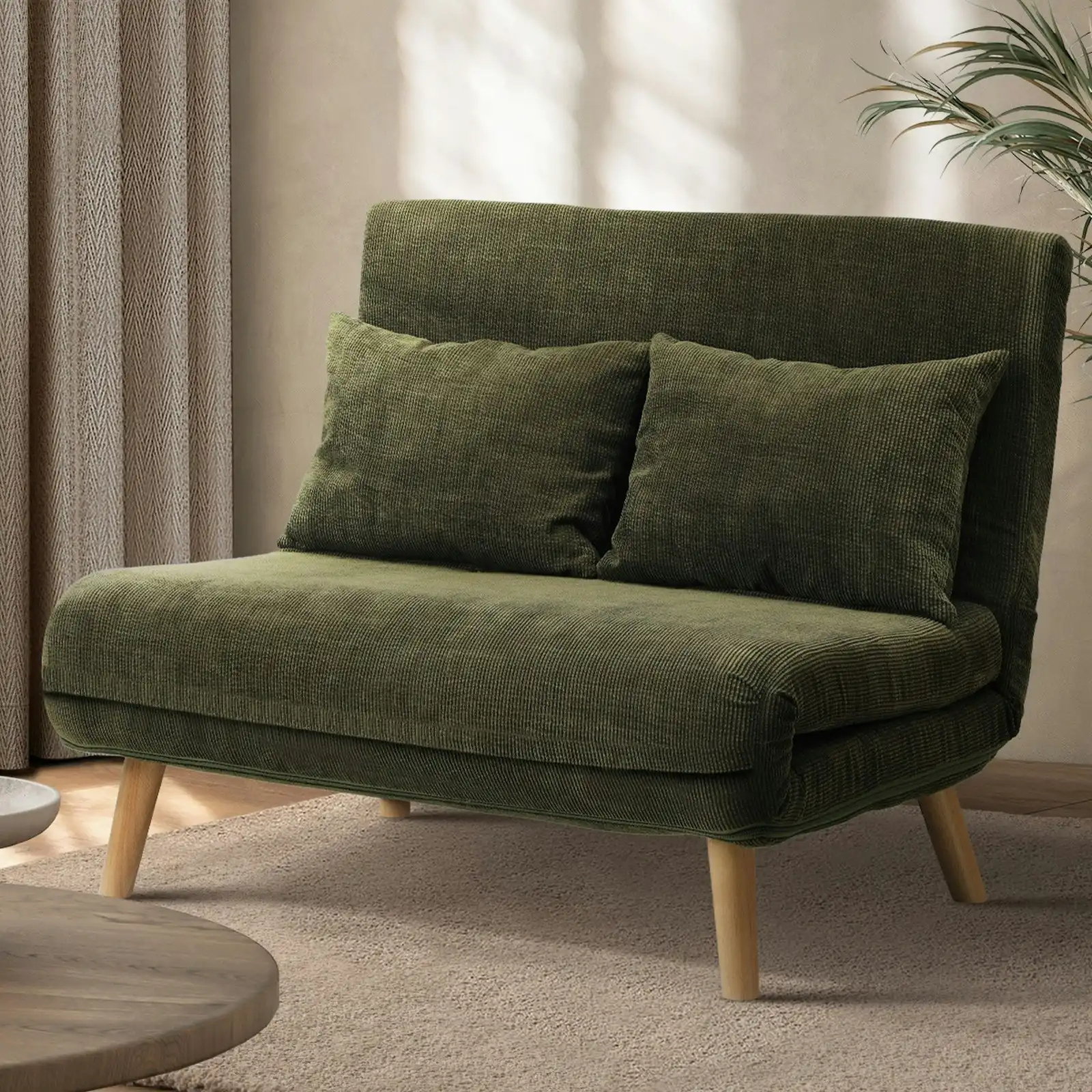 Oikiture Sofa Bed Lounge Chair Polyester Recliner Wood Leg Double Seat Green