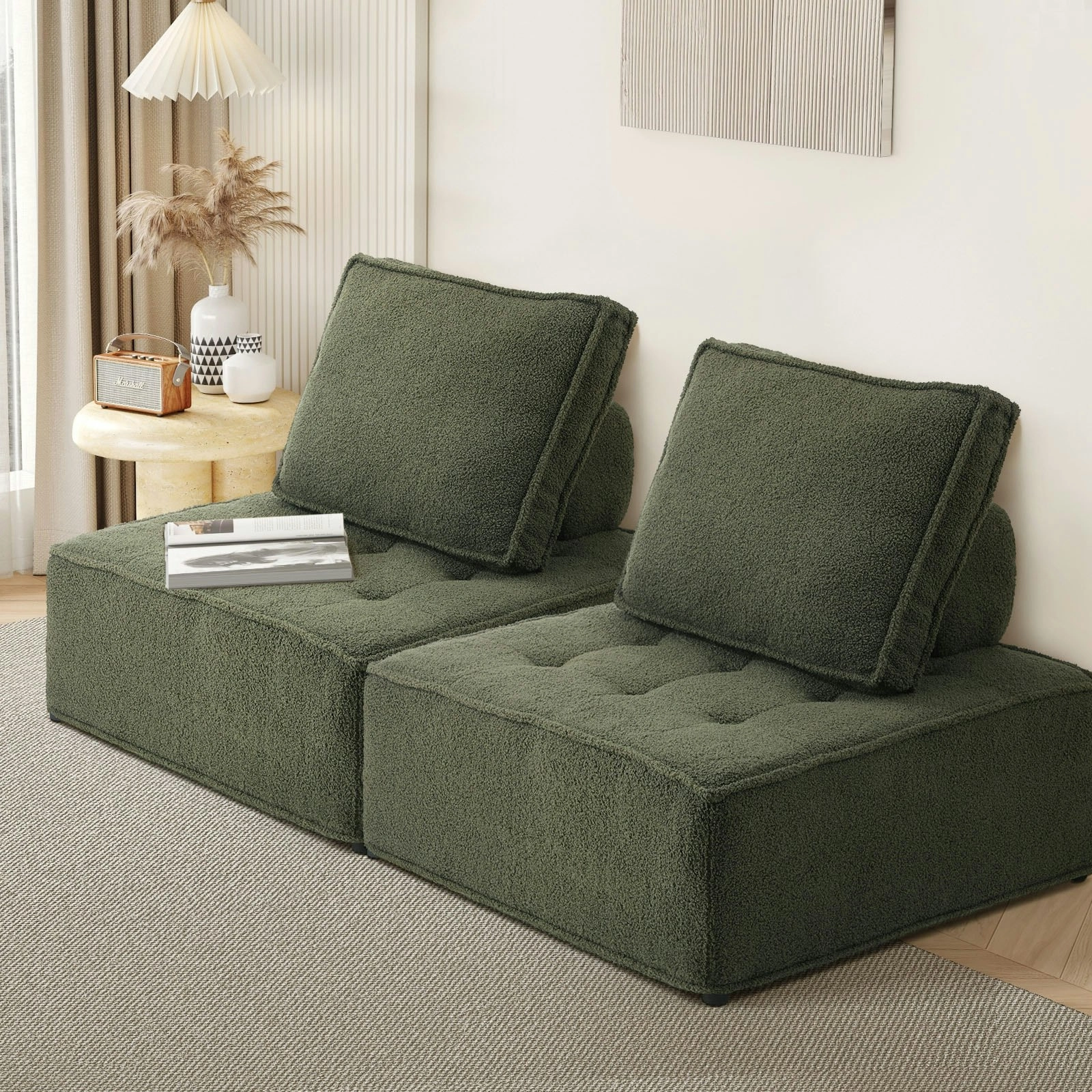 Oikiture 2PCS Modular Sofa Lounge Chair Armless TOFU Back Sherpa Green