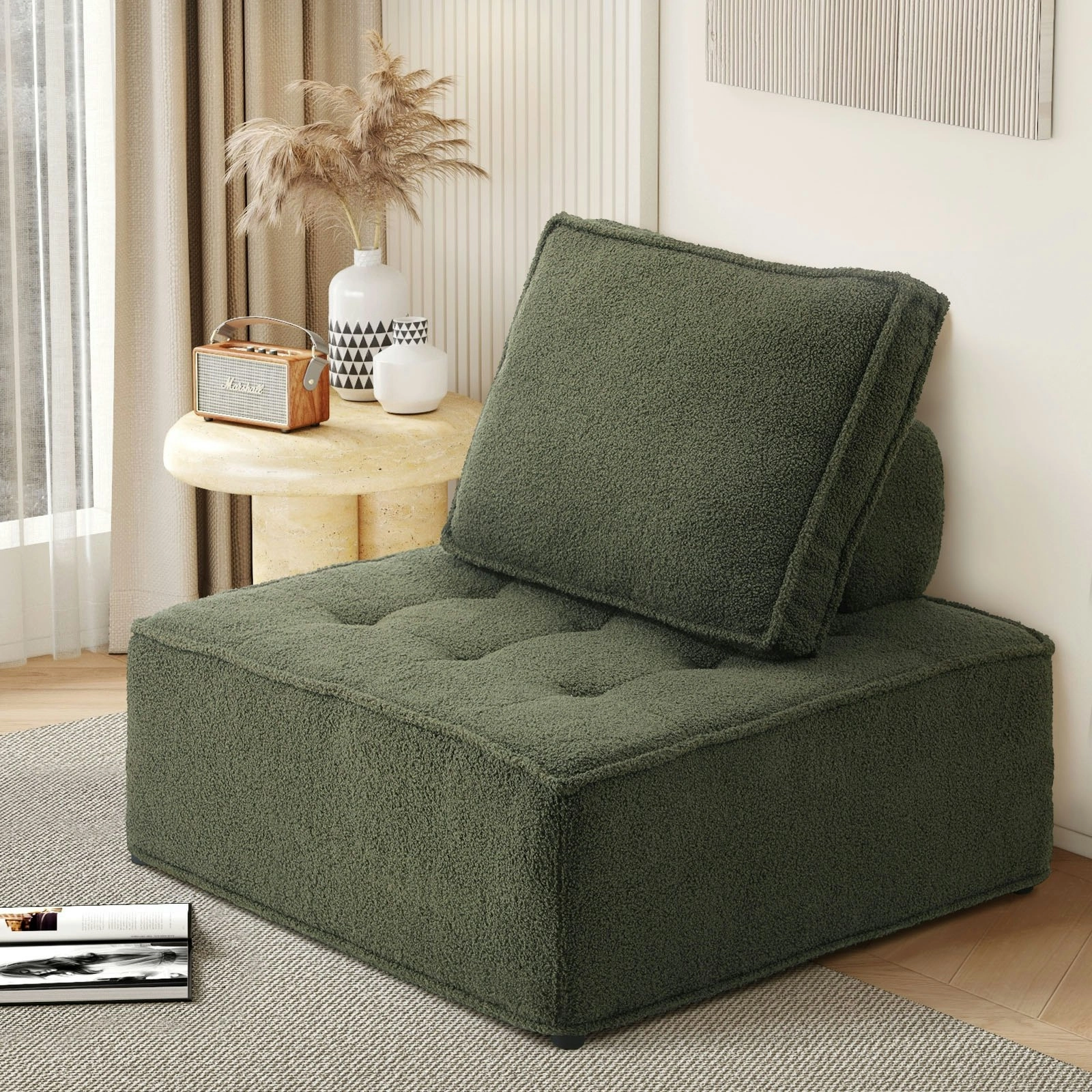 Oikiture 1PC Modular Sofa Lounge Chair Armless TOFU Back Sherpa Green