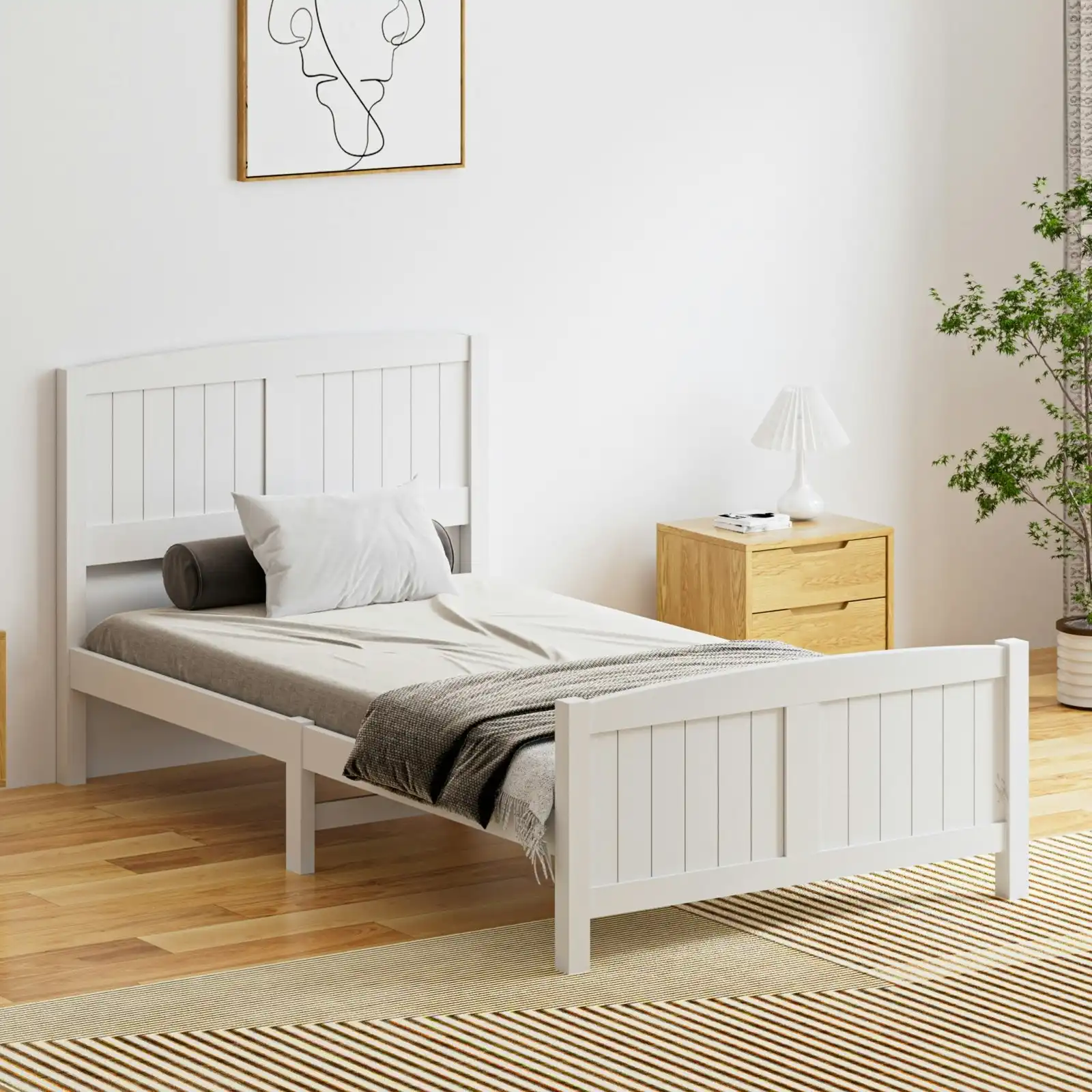 Oikiture Bed Frame King Singe Size Wooden Base Timber Platform White