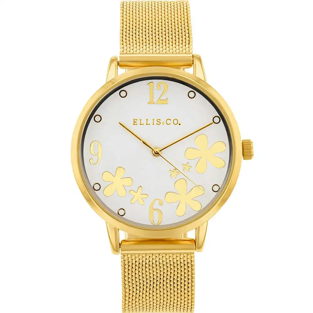 Ellis & Co 'Bloom' Gold Tone Stainless Steel Mesh Womens Watch