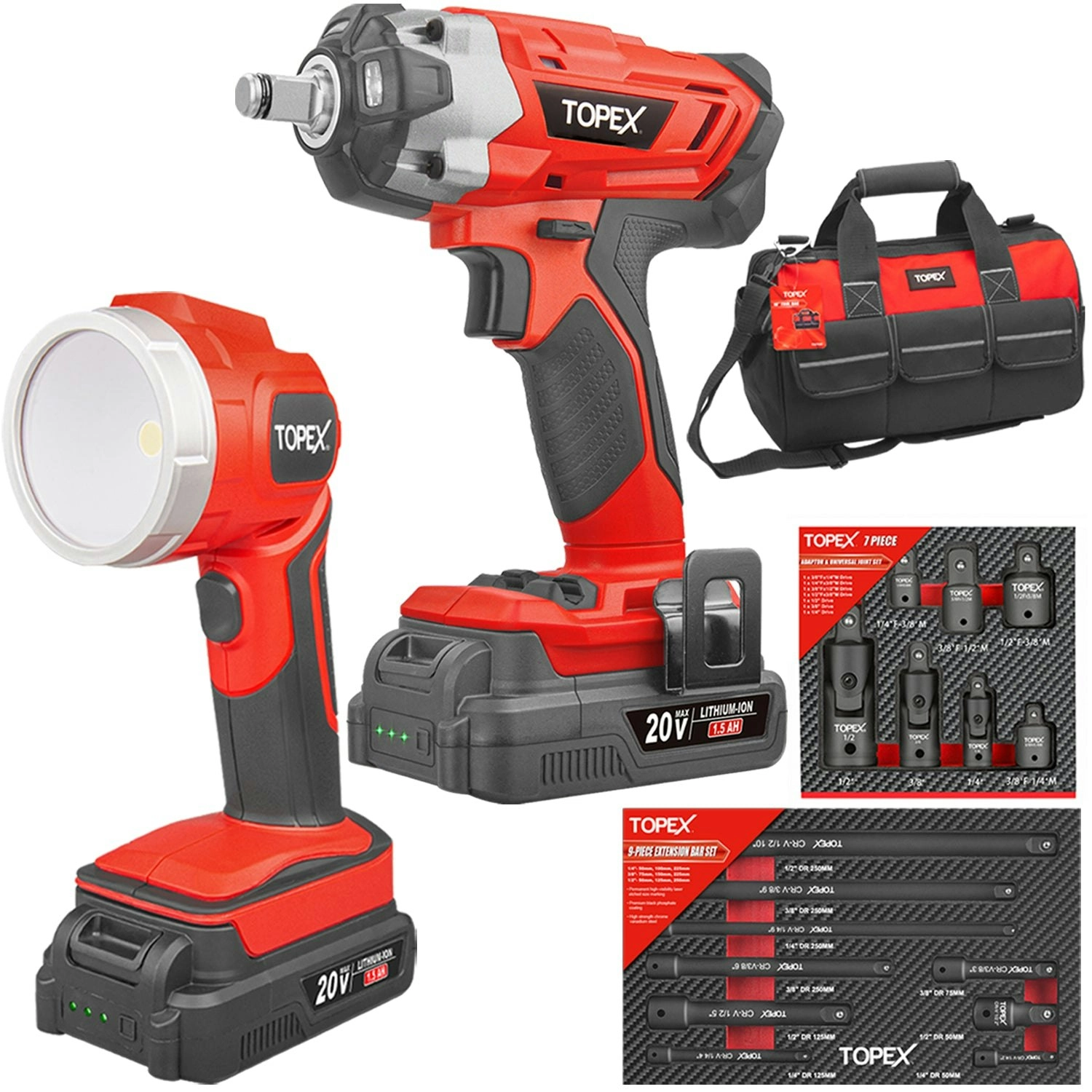 Topex 20V Cordless Combo Kit Impact Wrench Driver 7-piece Socket Adaptor 9-Piece Extension Bar Set 20V LED Light w/Tool Bag