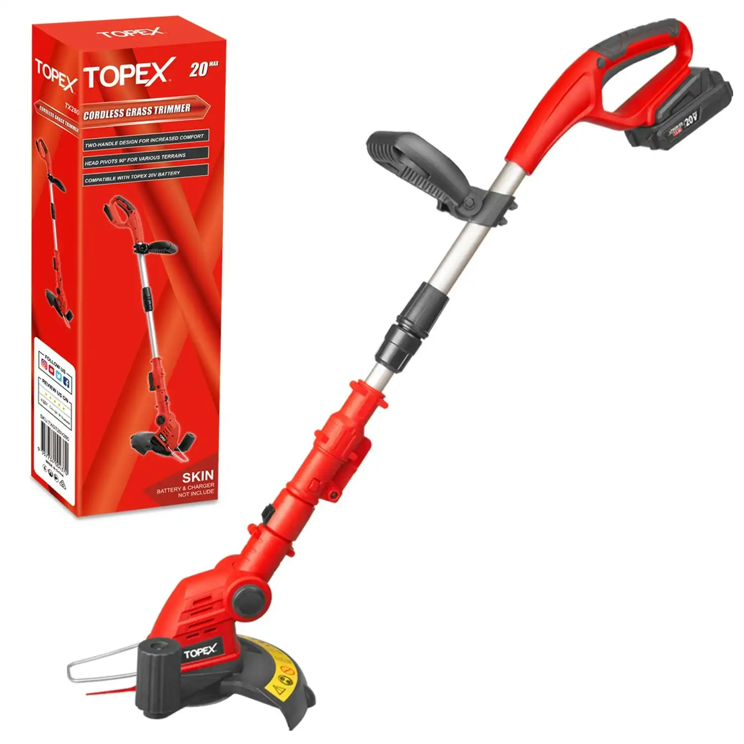 Topex 20V Cordless Lawn Grass Line Trimmer 2 in 1 Whipper Snipper with 10 Blades