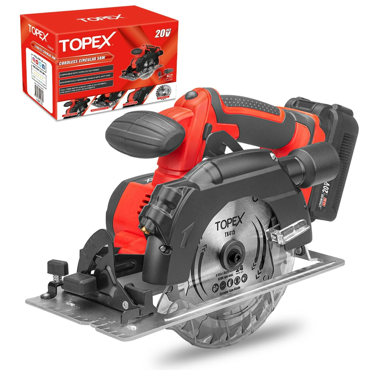 Topex 20V Circular Saw, with 4.0Ah Battery & Charger, 4,300RPM, 0°- 45° Bevel Cutting