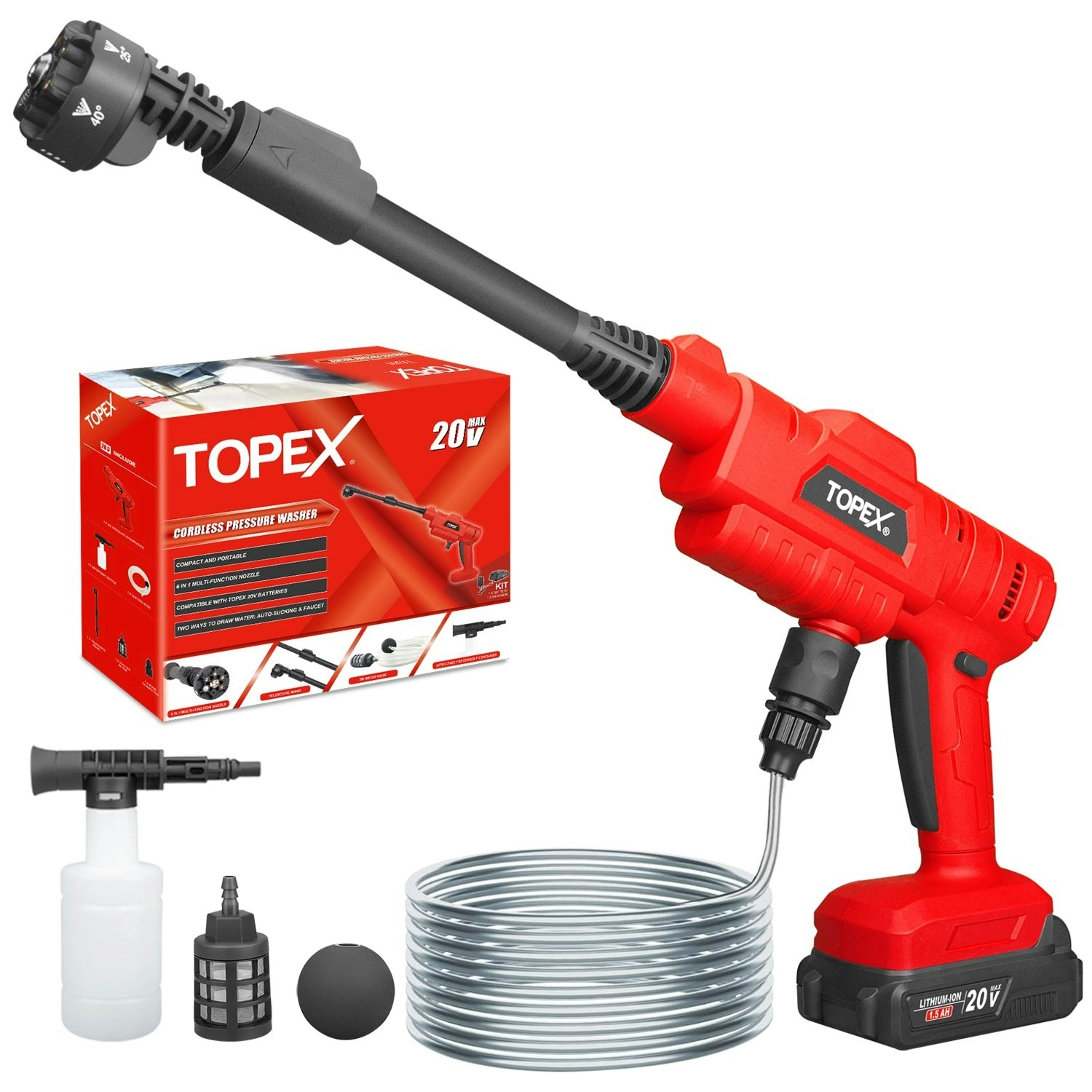 Topex 20V Cordless Pressure Washer, 6-in-1 Nozzle for Washing Car/Wall/Floor, Battery