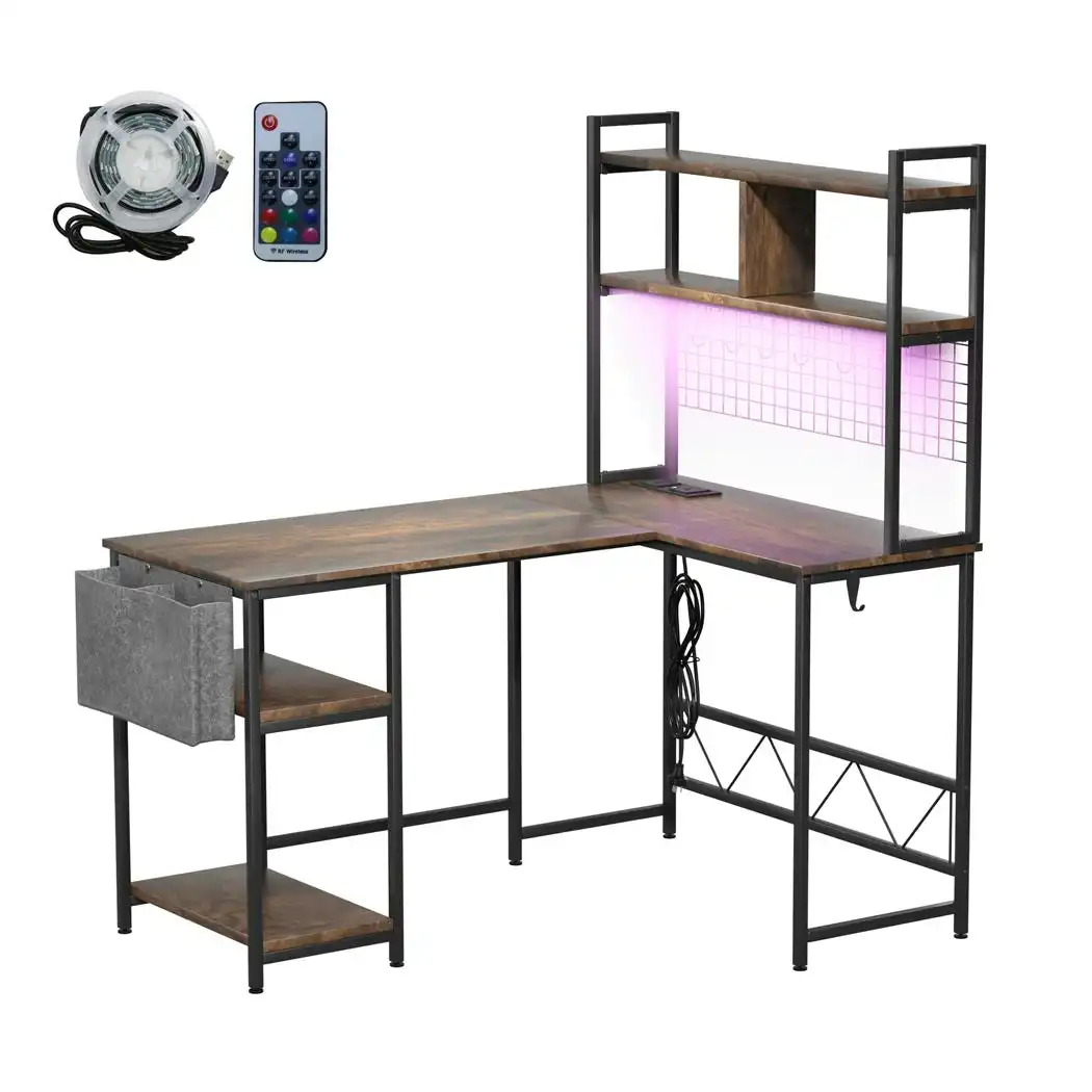 Levede L Shaped Gaming Desk Corner Desk LED Lights Built-in Power Outlet Brown