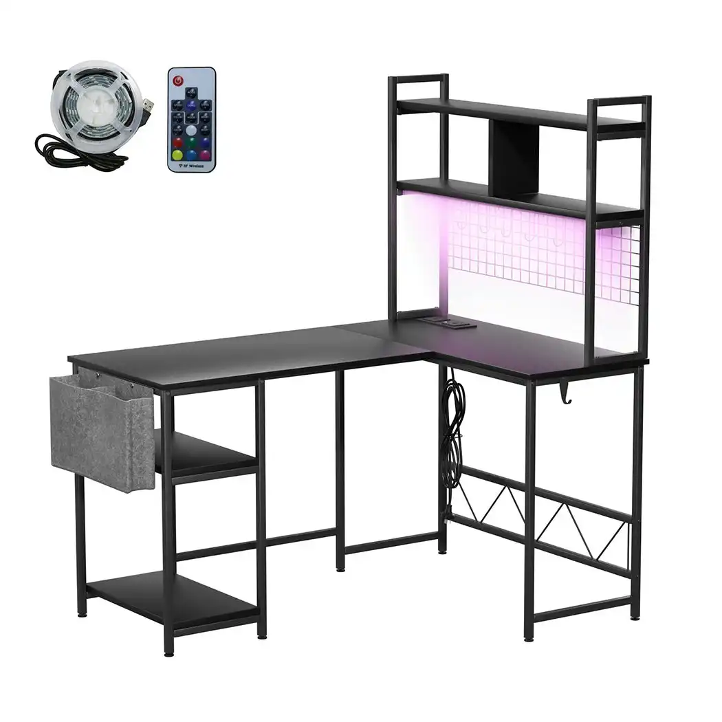 Levede L Shaped Gaming Desk Corner Desk LED Lights Built-in Power Outlet Black