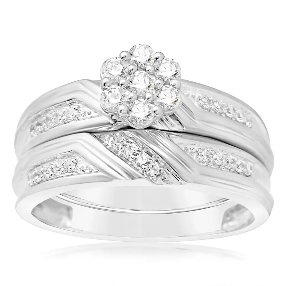 Luminesce Lab Grown 2/5 Carat Diamond Flower Shaped Bridal Set Ring in 9ct White Gold