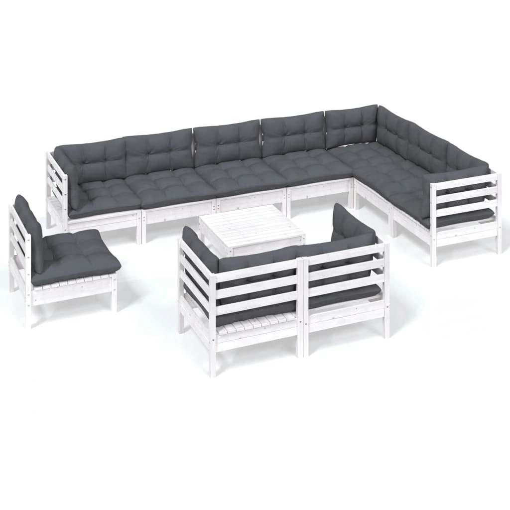 11 Piece Garden Lounge Set with Cushions White Solid Pinewood 3096786