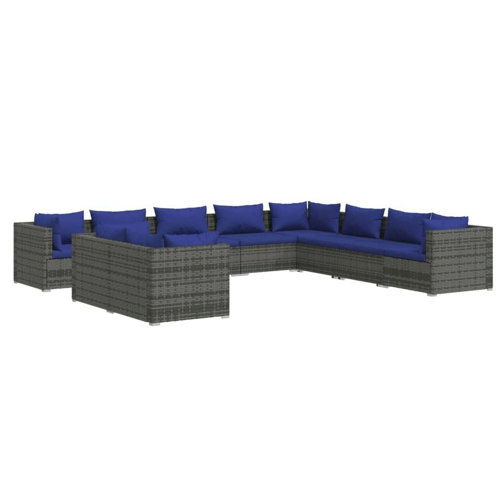 10 Piece Garden Lounge Set with Cushions Grey Poly Rattan 3102518