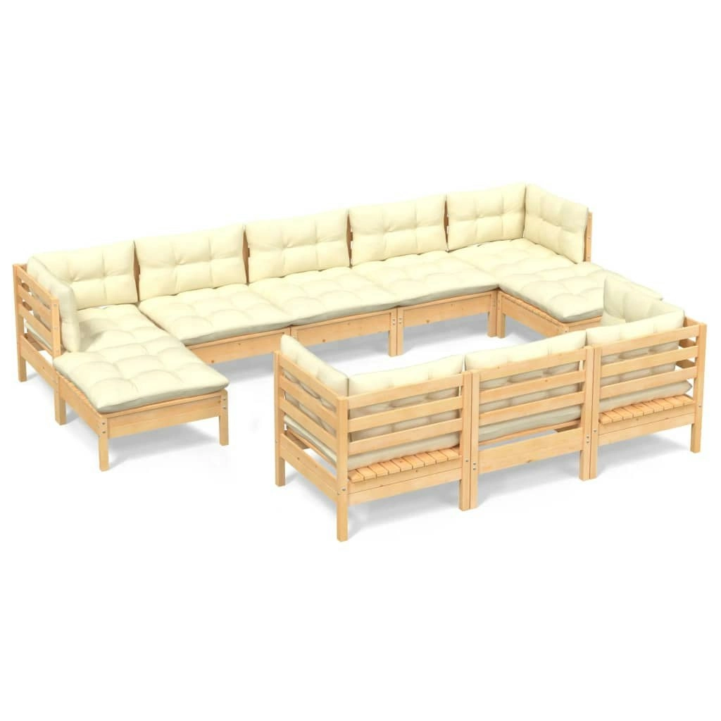 10 Piece Garden Lounge Set with Cream Cushions Solid Pinewood 3097139