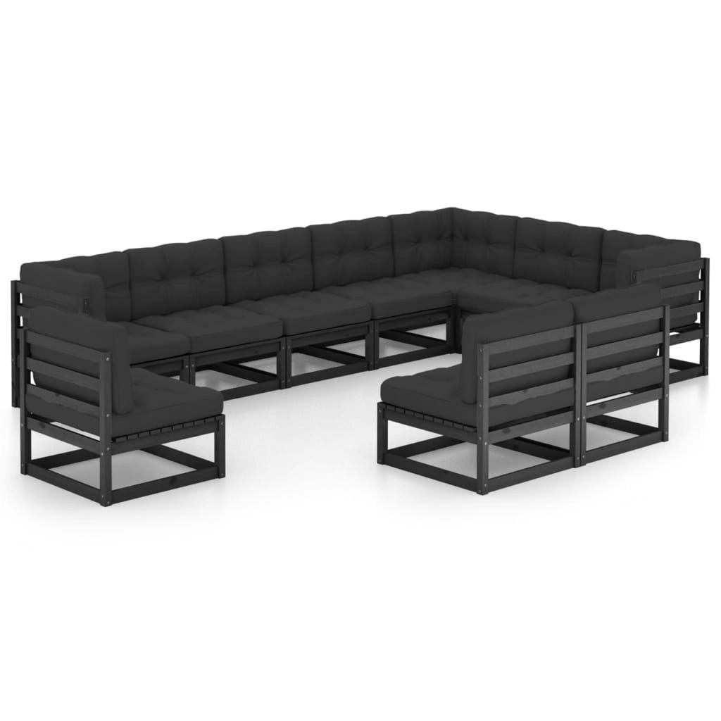 10 Piece Garden Lounge Set with Cushions Black Solid Pinewood 3076848