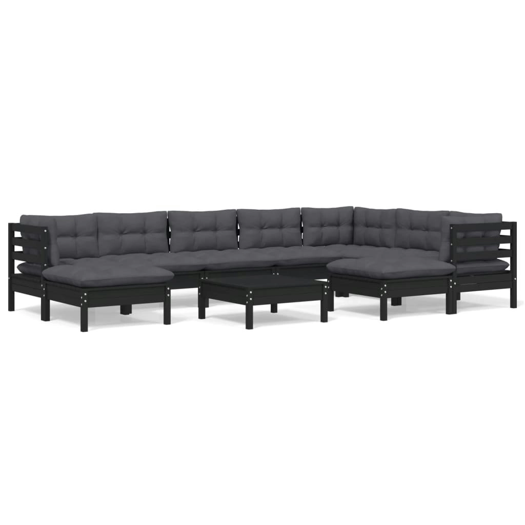 10 Piece Garden Lounge Set with Cushions Black Solid Pinewood 3096717