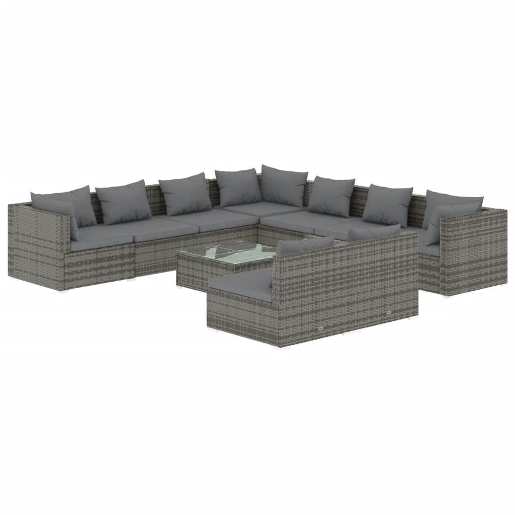 10 Piece Garden Lounge Set with Cushions Grey Poly Rattan 3102429