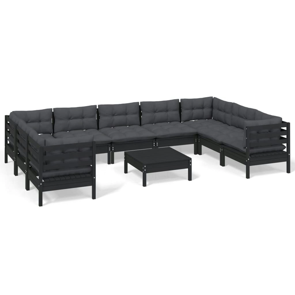 10 Piece Garden Lounge Set with Cushions Black Pinewood 3097329